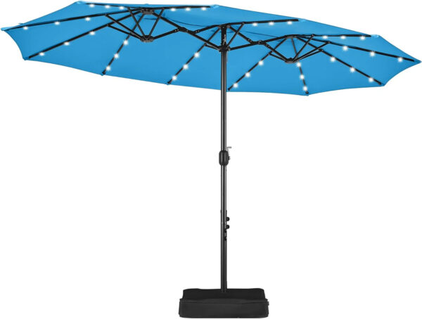 15 ft Large Patio Umbrella with Solar Lights Double-Sided Outdoor Rectangle Market Umbrellas with 36 LED Lights/Base Included/Easy Crank for Patio...