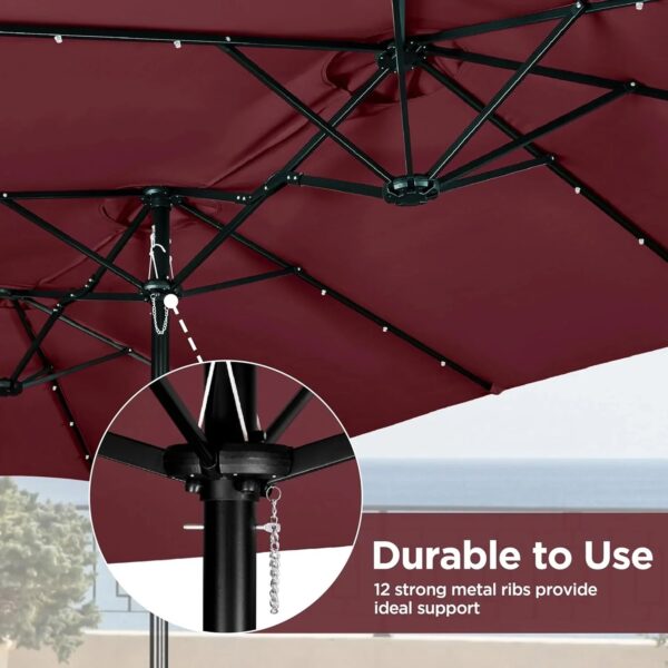 15 ft Large Patio Umbrella with Solar Lights Double-Sided Outdoor Rectangle Market Umbrellas with 36 LED Lights/Base Included/Easy Crank for Patio...