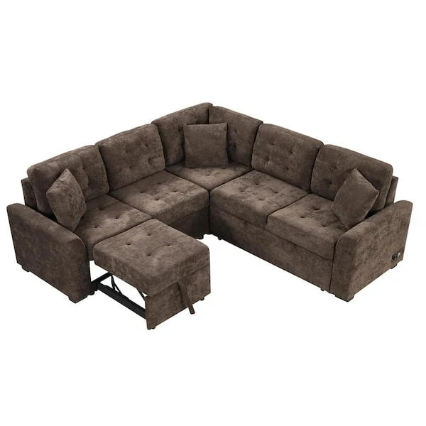82.6 in. L Shaped Corded Velveteen Modern Sectional Sofa Pull-out Sleeper Sofa in. Brown with USB Ports, Power Sockets