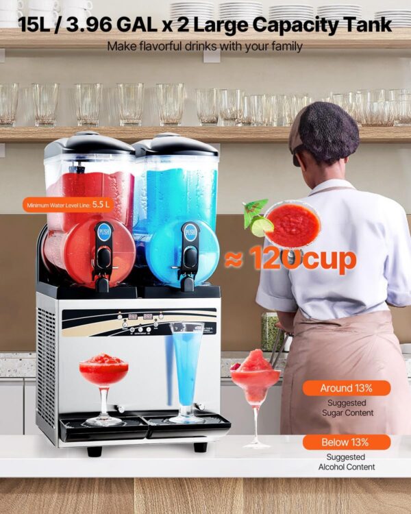 VEVOR Slushy Machine, 15Lx2 Double Tank Commercial Margarita Machine, 120 Cups Stainless Steel Margarita Smoothie Frozen Drink Machine, Slushie...