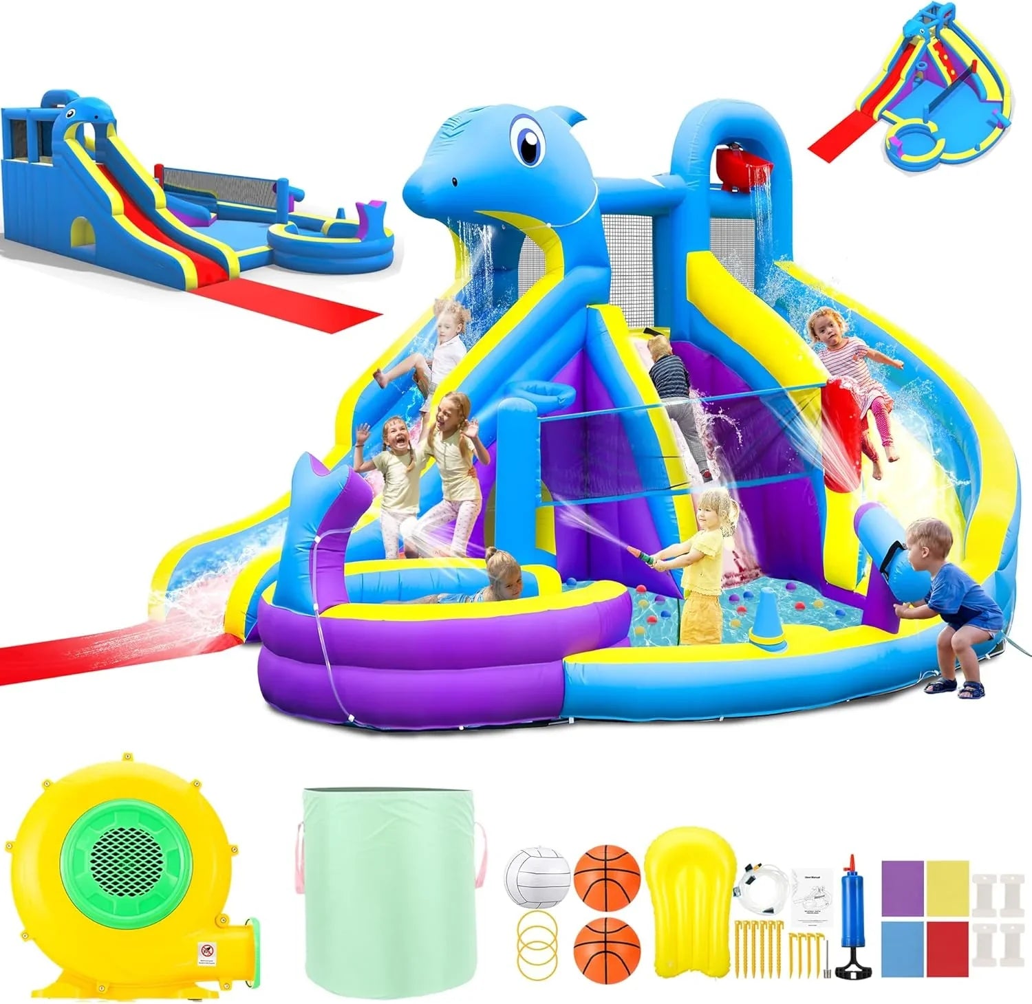 ba67357e9f715a094a42a92103d02f306676fae9abdf9b2efb04044afd52255a 11-in-1 Inflatable Water Slide & Dolphin Bounce House w/2 Long Slides, 19.7 Ft x 13.1 Ft Extra Large Waterslide Climbing Wall w/Small Deeper...