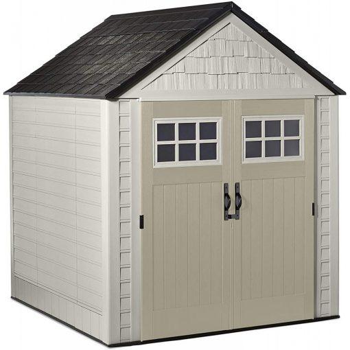Rubbermaid 7 7 Ft Durable Weather Resistant Resin Outdoor Garden Storage Shed with Windows and Utility Hooks, Sand