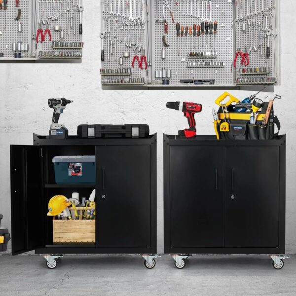 Garage Storage Cabinet with Wheels, 2 Door Tool Cabinet with Adjustable Shelves, Metal Lockable Tool Cabinet, Rolling Tool Chest for Home, 34 H x...