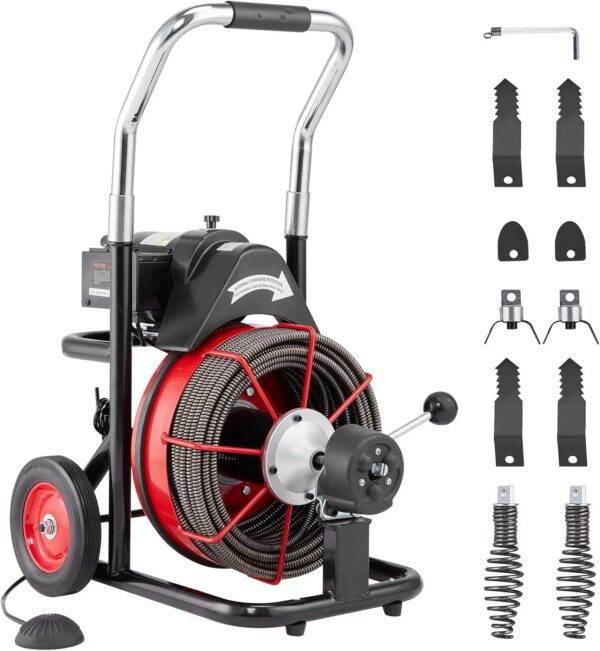 Drain Cleaner Machine 100FT x 1/2 Inch, Auto Feed Sewer Snake Auger on Wheels, 550W Portable Drain Cleaning Machine with 8 Cutters & Air-activated...