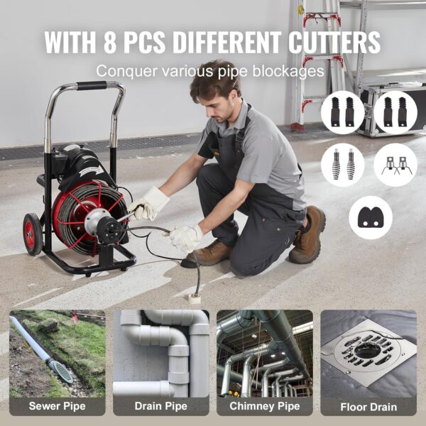 Drain Cleaner Machine 100FT x 1/2 Inch, Auto Feed Sewer Snake Auger on Wheels, 550W Portable Drain Cleaning Machine with 8 Cutters & Air-activated...