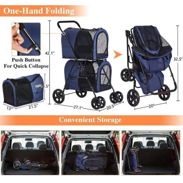 42 Double Pet Stroller for 2 Dogs & Cats,4 Wheels Dog Strollers Folding Travel Cat Stroller with Suspension System,Navy Blue