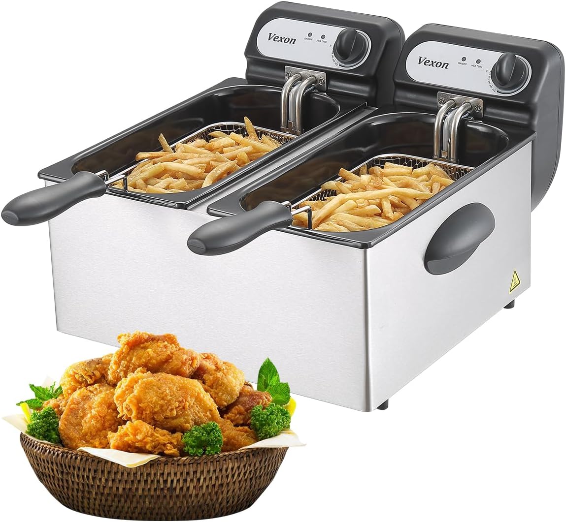 3000W Commercial Electric Deep Fryer With Baskets & Lids,2x3L Stainless Steel Double Deep Fryer,Small Deep Fryer With Basket,Temperature...