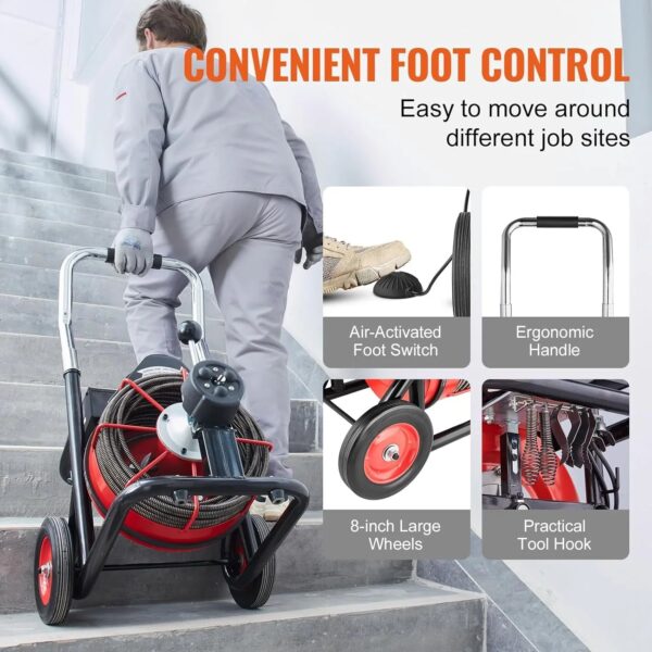 Drain Cleaner Machine 100FT x 1/2 Inch, Auto Feed Sewer Snake Auger on Wheels, 550W Portable Drain Cleaning Machine with 8 Cutters & Air-activated...