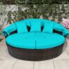 Outdoor daybed, rattan round daybed with sunshade canopy, patio set with cushions and adjustable coffee table, rattan patio furniture, suitable...