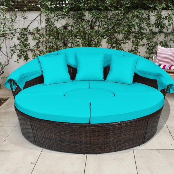 Outdoor daybed, rattan round daybed with sunshade canopy, patio set with cushions and adjustable coffee table, rattan patio furniture, suitable...