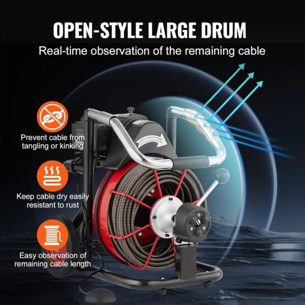 Drain Cleaner Machine 100FT x 1/2 Inch, Auto Feed Sewer Snake Auger on Wheels, 550W Portable Drain Cleaning Machine with 8 Cutters & Air-activated...