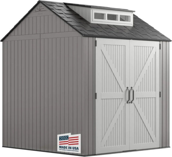 Rubbermaid Resin Outdoor Storage Shed With Floor (7 x 7 Ft) Weather Resistant Gray Organization for Home/Backyard/Garden Tools/Lawn Mower/Bike...