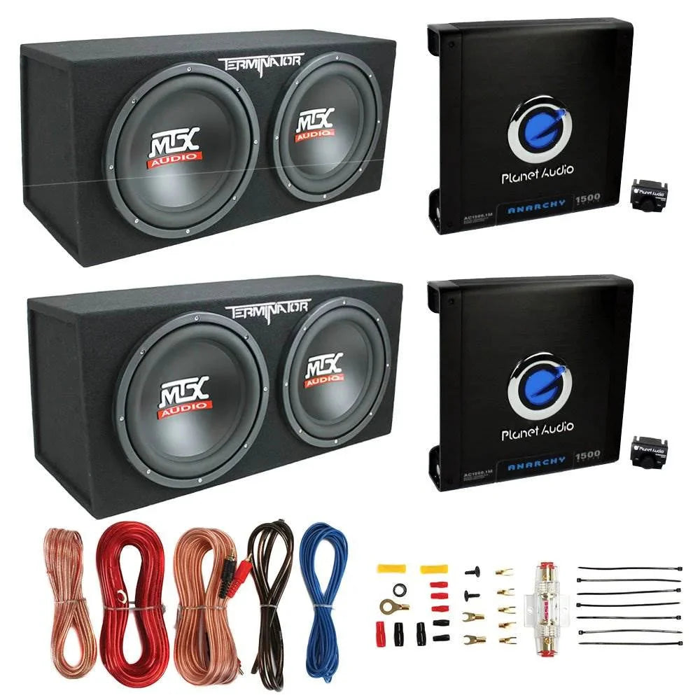 c28dd261168da6e695d2bad27b04c9ea4fb87eaf33cc8c6628ef481ff12916fa MTX TNE212D 12" Subwoofer (2 Pack) + Monoblock Amplifier (2 Pack) + Amp Wire Kit