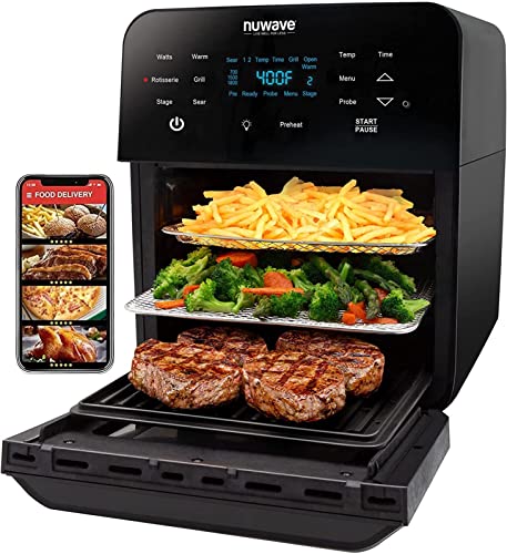Nuwave Brio Air Fryer Oven, 15.5Qt X Large Family Size, SS Rotisserie Basket &Skewer Kit, Reversible Ultra Non Stick Grill/Griddle Plate, Powerful...