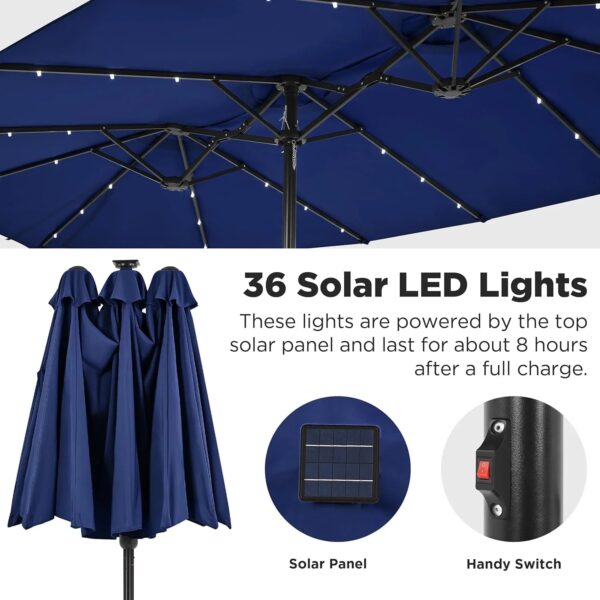 15 ft Large Patio Umbrella with Solar Lights Double-Sided Outdoor Rectangle Market Umbrellas with 36 LED Lights/Base Included/Easy Crank for Patio...