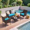 4 Pieces Patio Rattan Chair Wicker, Outdoor Indoor Use Backyard Porch Garden Poolside Balcony Furniture Sets (Red)