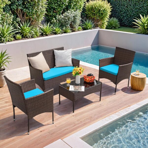 4 Pieces Patio Rattan Chair Wicker, Outdoor Indoor Use Backyard Porch Garden Poolside Balcony Furniture Sets (Red)