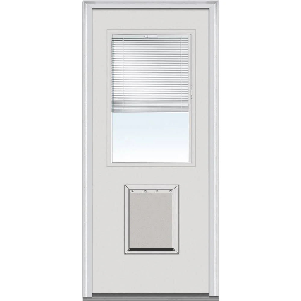 c6881cf9989354938edbb88cf90550cbba36f3f55045c9109fc534331c05bd1d National Door Company Steel Exterior Door, Primed, 1/2 Lite with Clear Glass Internal Blinds & Pet Door, Right Hand Inswing, 32 x80