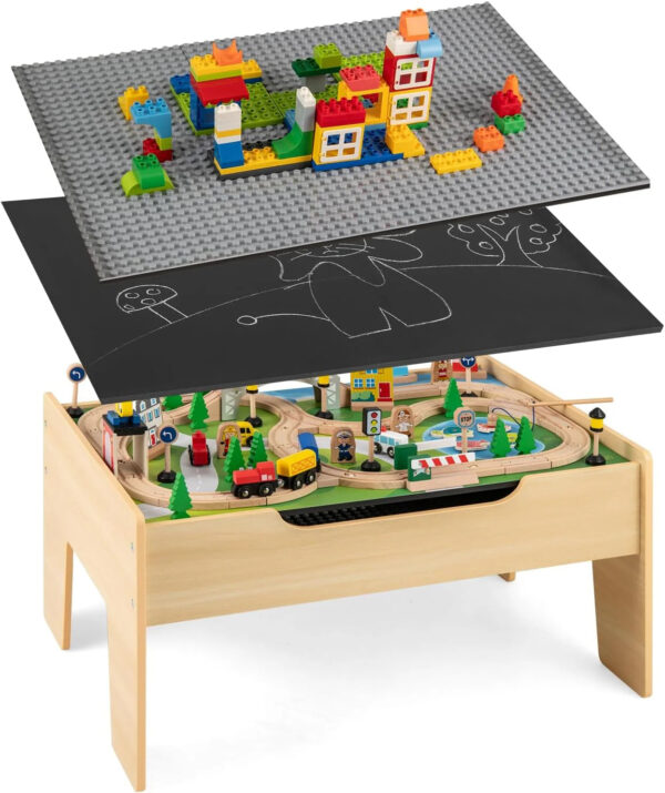 The dual-function wooden children's activity table with storage function, featuring 100 colorful components, tracks, trains, and cars, is a...