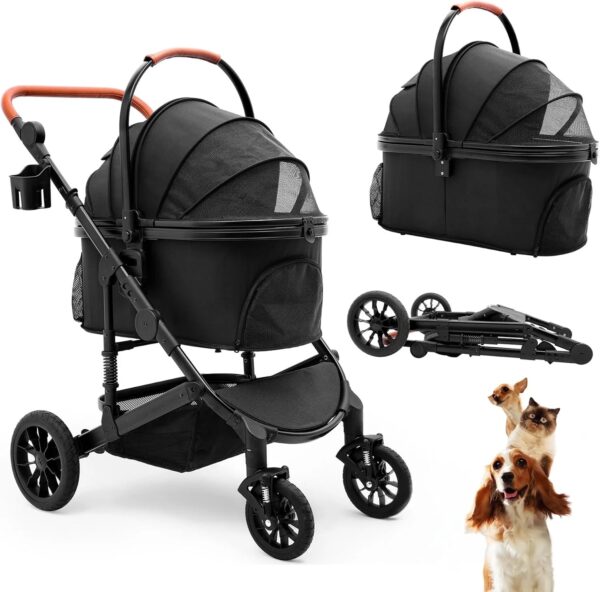 Pet Stroller with 4 Wheels, Foldable Pet Travel Carrier for Small/Medium Dogs Cats up to 50lbs, Detachble Portable Pet Bag, Storage Basket, Car...