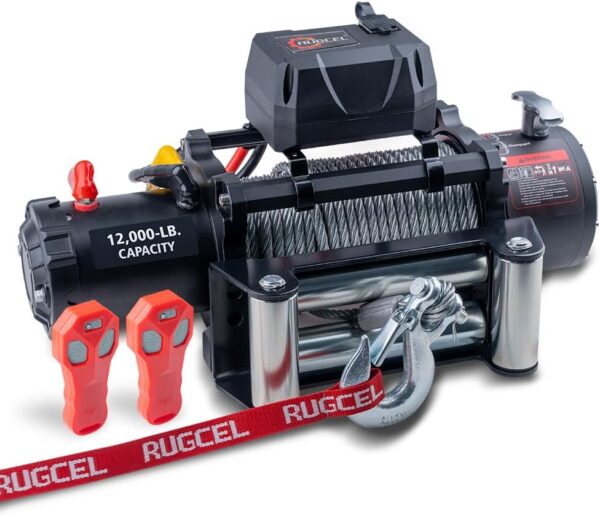 RUGCEL WINCH 12000lb 12V Truck Waterproof Electric Black Steel Rope Electric Winch with Roller Fairlead,Wired Handle,2 Infrared Remote Control,...