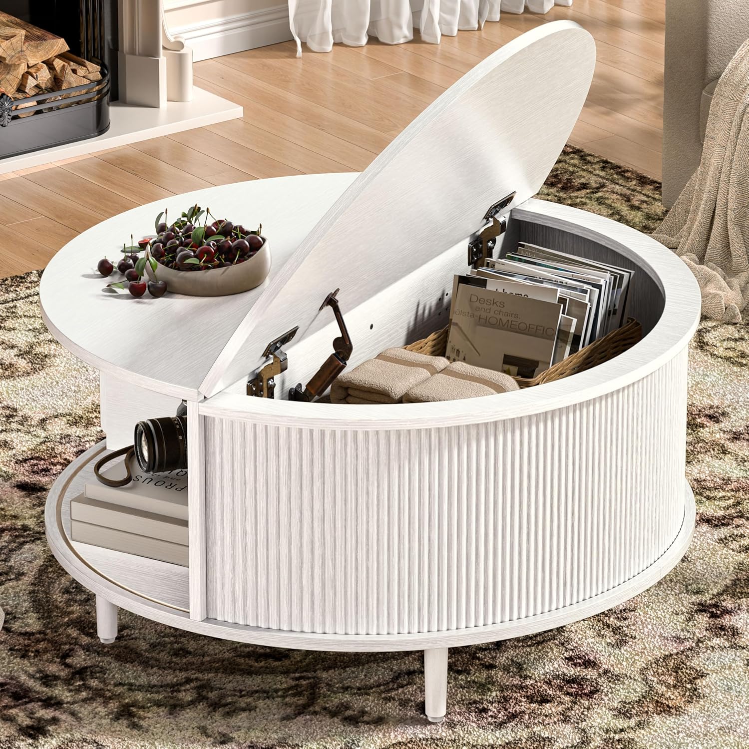 cbab94c65b506d4aac8590dea958c188ed1a86fe425cbc43af97c0e1d53f2b19-1 Round Coffee Table, 31.5" Fluted Center Table with Storage, Lift-Top Coffee Table with Adjustable Footpads, Sliding Door, Mid-Century Modern...