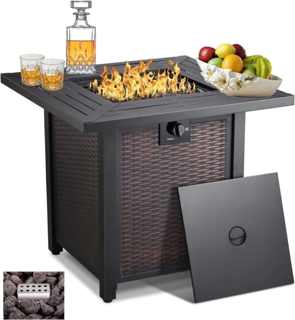 28-inch, 50,000-watt automatic ignition gas fire pit table, CSA-certified, imitation wicker wood material, equipped with a 6.6-pound stone shelf,...