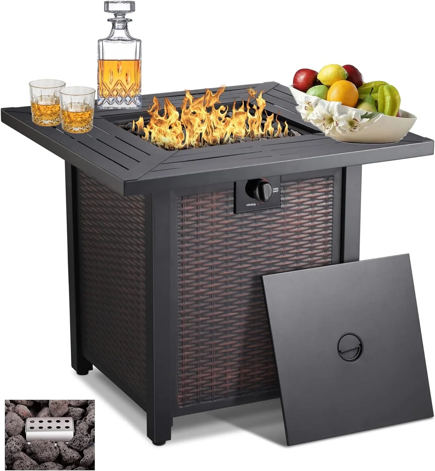 cc41563bacf8f9a9730c50f9d49476c284af9ee9b1d00820428be3e12b32dd42 28-inch, 50,000-watt automatic ignition gas fire pit table, CSA-certified, imitation wicker wood material, equipped with a 6.6-pound stone shelf,...
