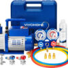 A single-stage rotary vane air vacuum pump with 110V, 1/3 horsepower and 4 cubic feet per minute, as well as an R134a AC manifold pressure gauge...
