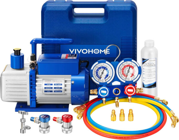 A single-stage rotary vane air vacuum pump with 110V, 1/3 horsepower and 4 cubic feet per minute, as well as an R134a AC manifold pressure gauge...