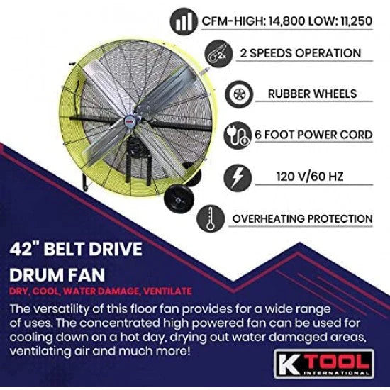 K Tool International 42 Belt Drive Drum Fan; Industrial, Garage, Shop, High Speed 2-Speed, Durable, Cut-Off Protection, Easy Mobility Rubber...
