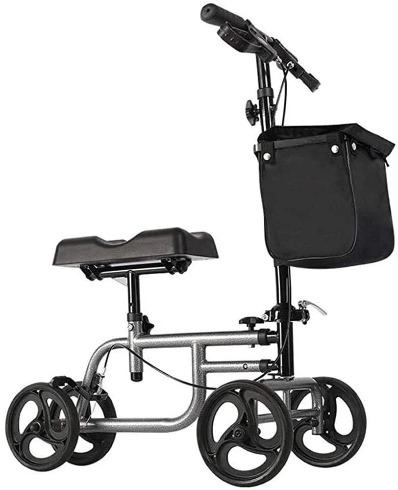 cd9c5a52bd498d53b1b55964358e2be9d65c5bc436006a69b2aefa17cfb67c08 4 Wheels Knee Scooter Walker, All Terrain Rolling Steerable Adjusted Height Walking Aid with Storage Bags