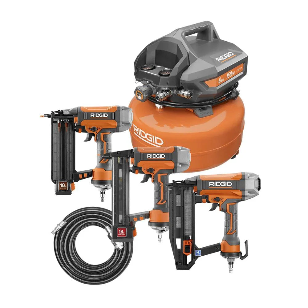 cdc59627d52e4f36e73633712657e0183b7f14fb2fa866bf64e1b7a965c7f77a 6 Gal. Portable Electric Pancake Air Compressor w/ 18GA Brad Nailer, 16GA Straight Finish Nailer, & 18GA Finish Stapler R69603FK