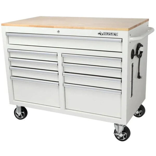46-in W x 24.5-in D 9-Drawer Mobile Workbench with Hardwood Top and Power Station Gloss Black