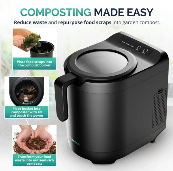 Electric Kitchen Composter 2.5L Odorless Countertop Bin with Clear-View Lid, Smart Food Waste Disposal