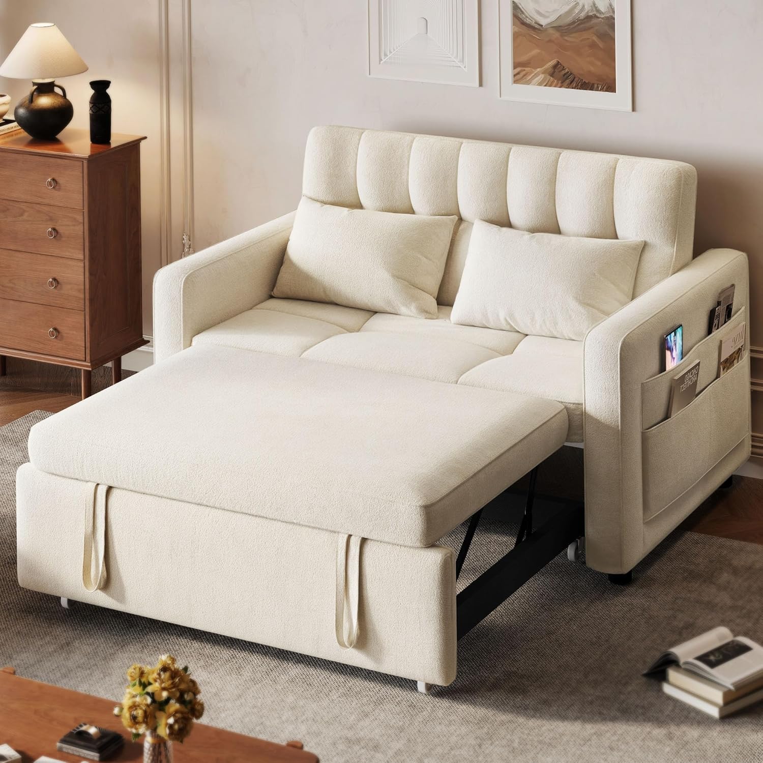 d019ac2af4ea3ea9585e45233ee050c896288aa1fc8c78b8e65001554cd6f16e-1 DWVO 3-in-1 Convertible Sofa Bed, 55" Sleeper Sofa with Pull-Out Bed, Cat-Scratch-Proof Fabric Futon Couch with Adjustable Backrest and Side...