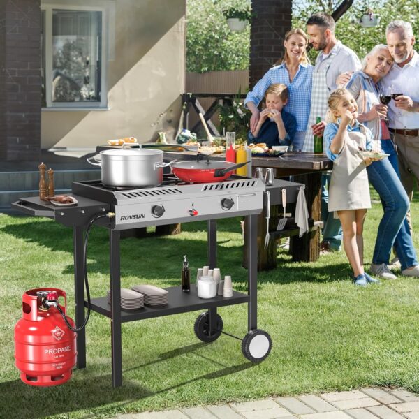 2 Burner Outdoor Propane Gas Stove with Griddle, Auto-ignition, Regulator & Side Shelves, 150,000 BTU Powerful Stand Cooker for Backyard Cooking...