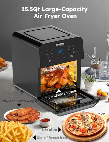 Nuwave Brio Air Fryer Oven, 15.5Qt X Large Family Size, SS Rotisserie Basket &Skewer Kit, Reversible Ultra Non Stick Grill/Griddle Plate, Powerful...
