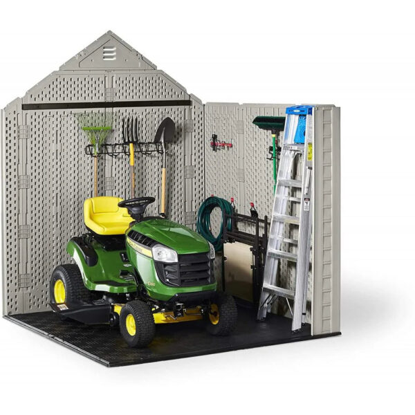 Rubbermaid 7 7 Ft Durable Weather Resistant Resin Outdoor Garden Storage Shed with Windows and Utility Hooks, Sand