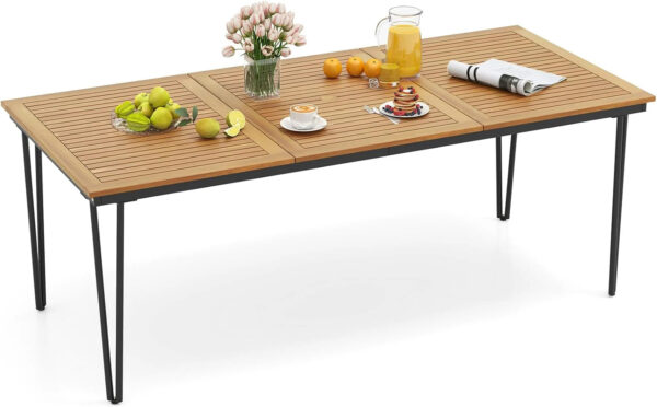 RELAX4LIFE Wooden Outdoor Dining Table for 8, 79" Rectangular Table w/Acacia Wood Slatted Top, Umbrella Hole & Metal Legs, Indoor Outdoor Bistro...