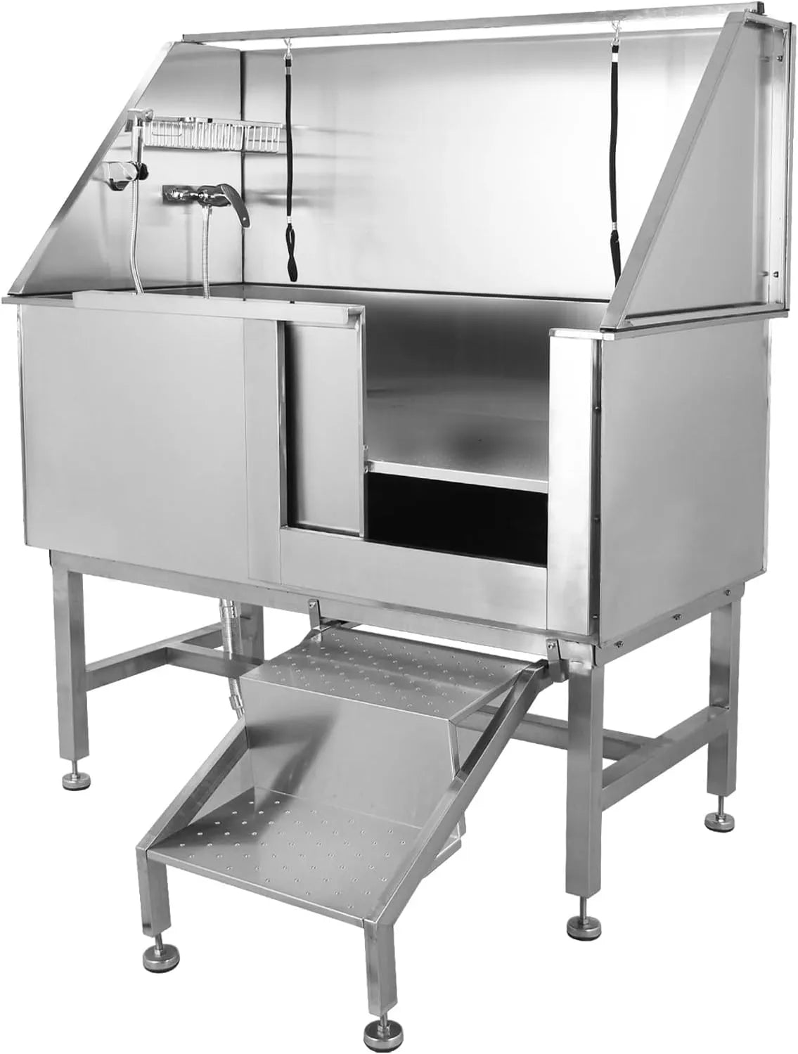 d37cc5aa34d95e6d4190b4e77beb96d59da6c042705b6d0b3289f6eb003a02f2 50" Dog Wash Bathtub, Pet Wash Station, Professional Stainless Steel Dog Grooming Tub with Ramp, Faucet, Sprayer, Drain Kit, Right Door