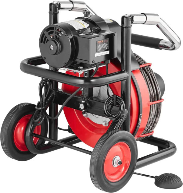Drain Cleaner Machine 100FT x 1/2 Inch, Auto Feed Sewer Snake Auger on Wheels, 550W Portable Drain Cleaning Machine with 8 Cutters & Air-activated...