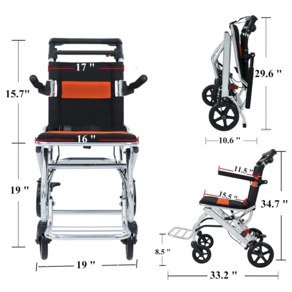 Ultra-Light Portable Folding Wheelchair, Travel-Friendly with Handbrake, 220 lbs Capacity, Ideal for Elderly & Children, 34.2 32.6 Unfolded Dimensions