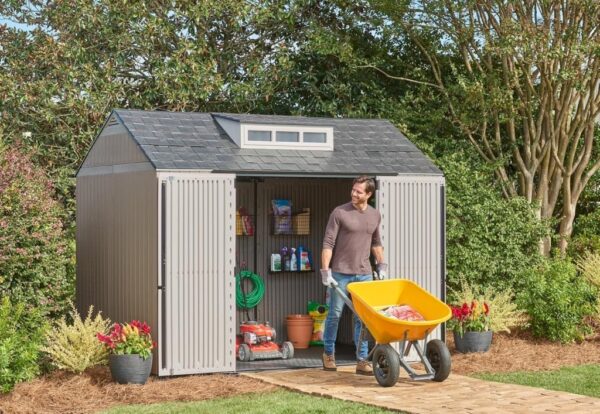 Rubbermaid Resin Outdoor Storage Shed With Floor (7 x 7 Ft) Weather Resistant Gray Organization for Home/Backyard/Garden Tools/Lawn Mower/Bike...