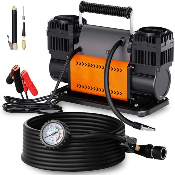 Air compressor kit, dual cylinder, 12-volt portable inflator, 12.35 cubic feet per minute, suitable for truck tires for off-road use, heavy-duty...