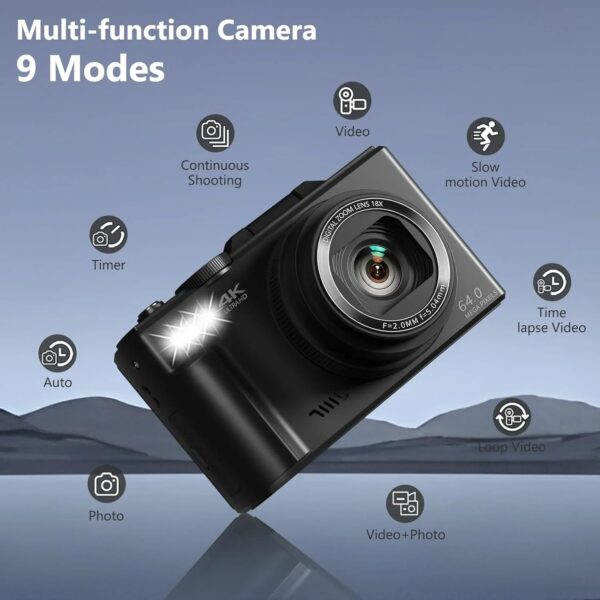 4K Digital Camera for Photography, 64MP Vlogging Camera for YouTube with 3" 180 Flip Screen, 18X Digital Zoom Point and Shoot Camara with 32GB...