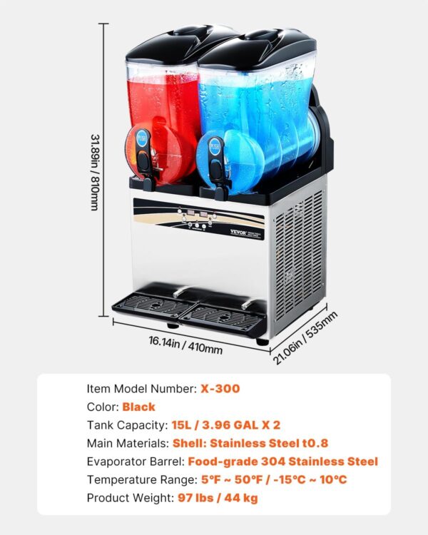 VEVOR Slushy Machine, 15Lx2 Double Tank Commercial Margarita Machine, 120 Cups Stainless Steel Margarita Smoothie Frozen Drink Machine, Slushie...