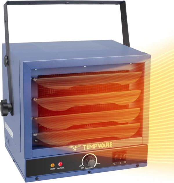 Electric vehicle garage heater, 7500-watt digital display fan-driven ceiling-mounted work area heater, featuring full-function remote control,...