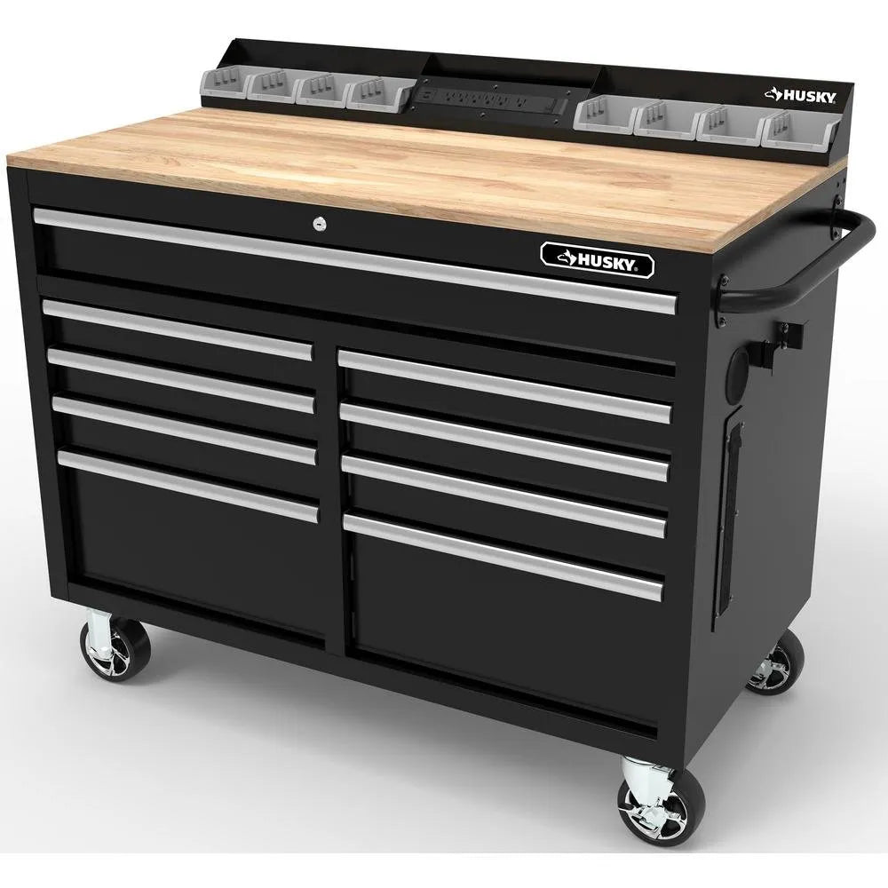 db5e8193a69e586eb68f8794182490abd33c69d1d676b7e1ece3d0578a52fd27 46-in W x 24.5-in D 9-Drawer Mobile Workbench with Hardwood Top and Power Station Gloss Black