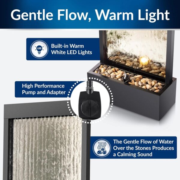 Alpine Mirror Waterfall Fountain with Stones & Lights, 72", Indoor/Outdoor Zen Decor